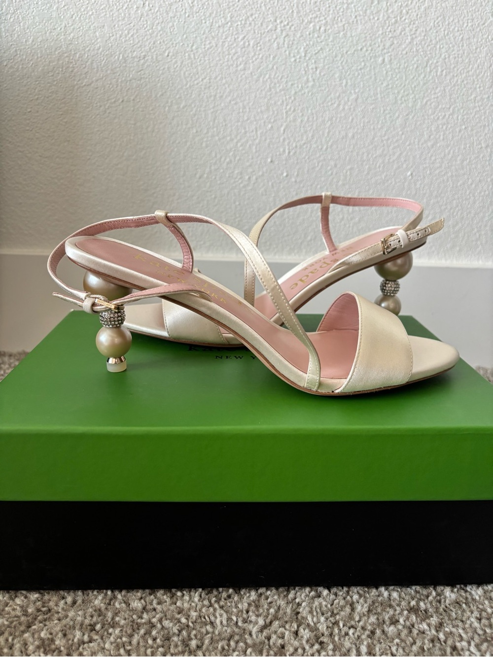 kate spade Pearl-Ball Heel Satin Sandals - Ivory and Pink